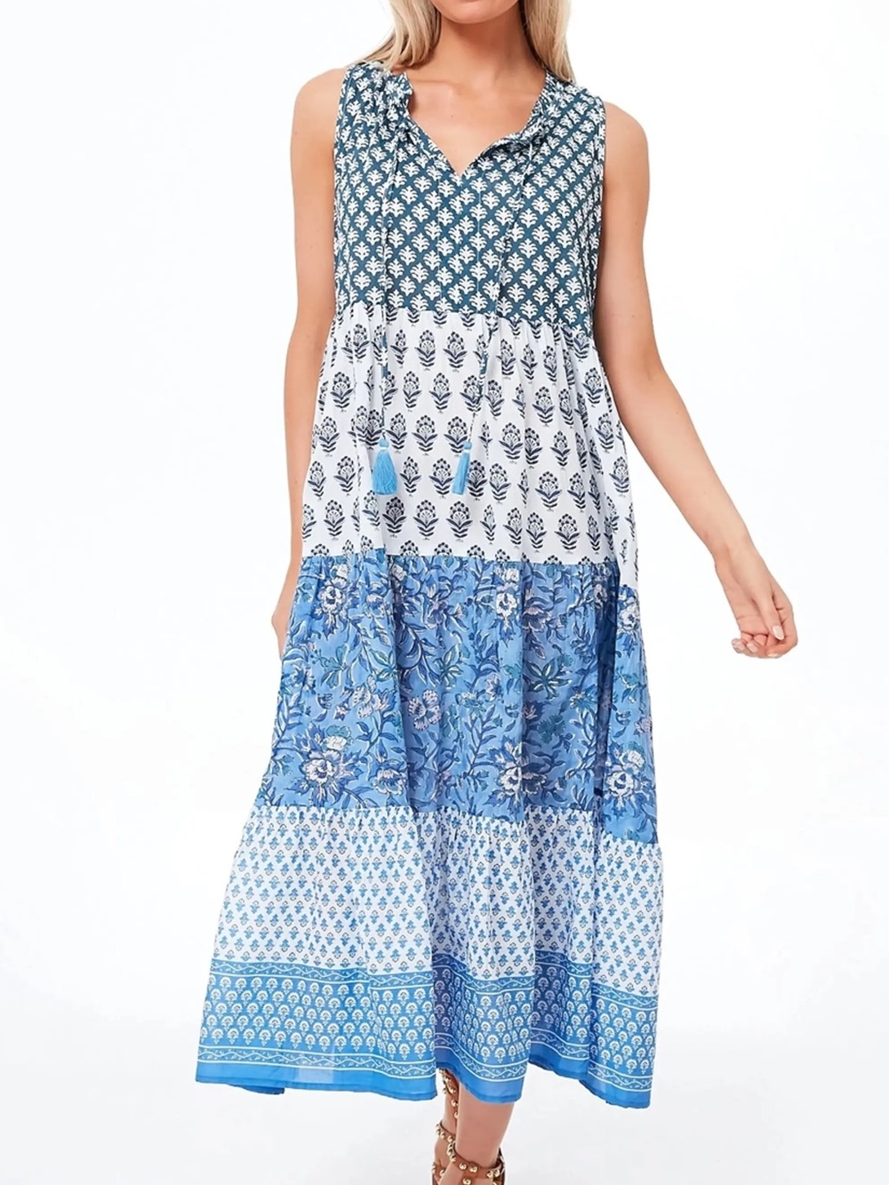 Tuckernuck bahama Blue Floral Block-Print Tiered Maxi sundress Dress cotton